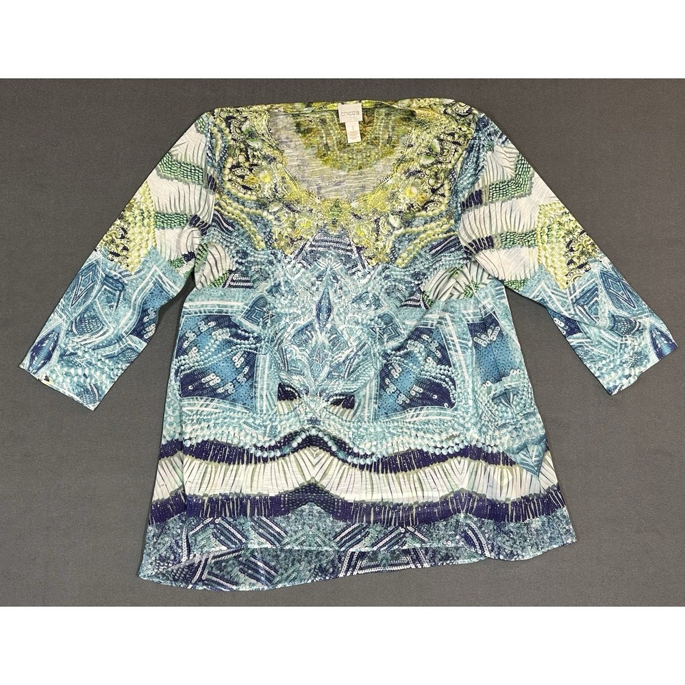 Chico's Shirt Embellished‎ Tunic Blouse Multi-Colored Abstract Pattern Size 1